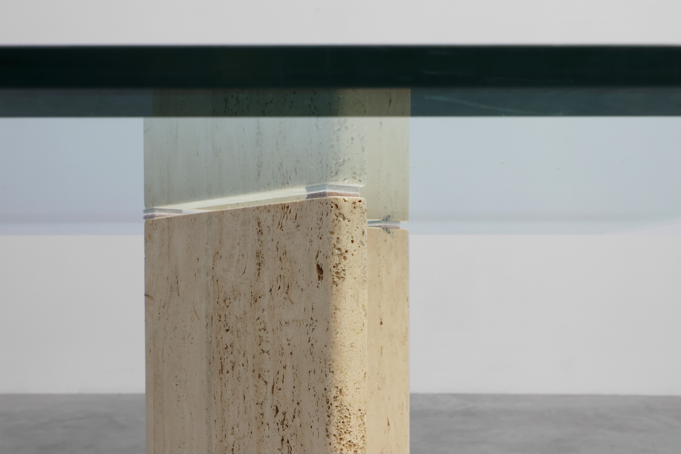 Mid‑Century Italian Dining Table with Glass Top and Travertine Base, 1970sthumbnail